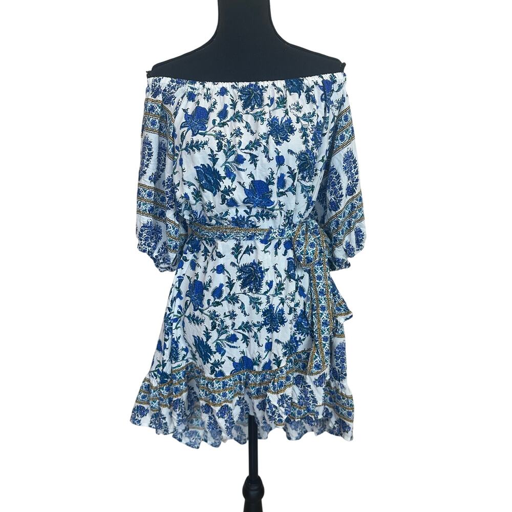 Nicole Miller Blue Floral Peasant Mini Dress LARGE Cottage Ruffle Designer $200
